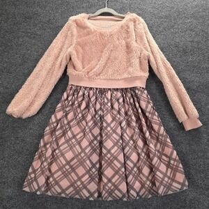 Knitworks Girls Pink Fuzzy Sweater/ Dress ( 2 pieces) Plaid Tulle Skirt Size 12